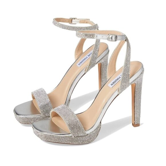 Steve Madden Damar Silver Rhinestone Platform Stiletto Heels Ankle Strap Sz 10 - Picture 1 of 12